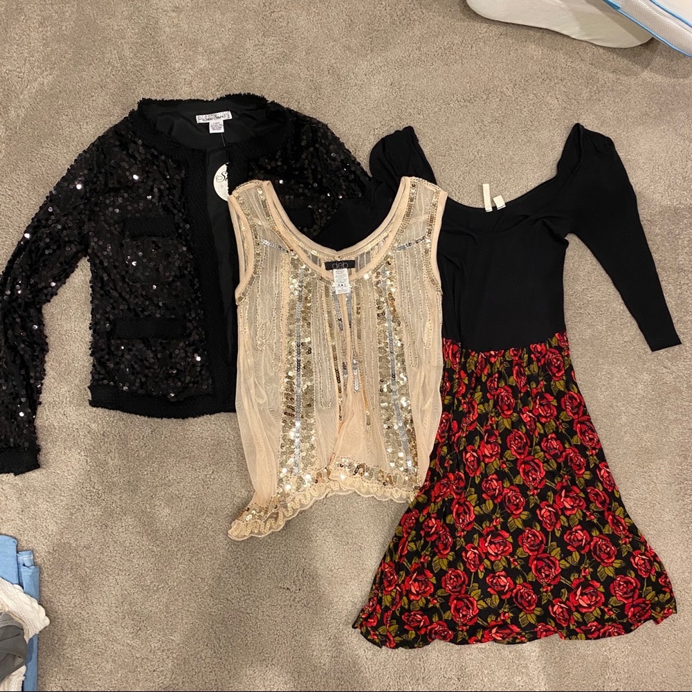 Sequin blazer, sequin tank, and rose a-line dress